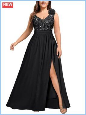 Plus Size Sequin Lace Sleeveless Slit Evening Gown Prom Maxi Dress